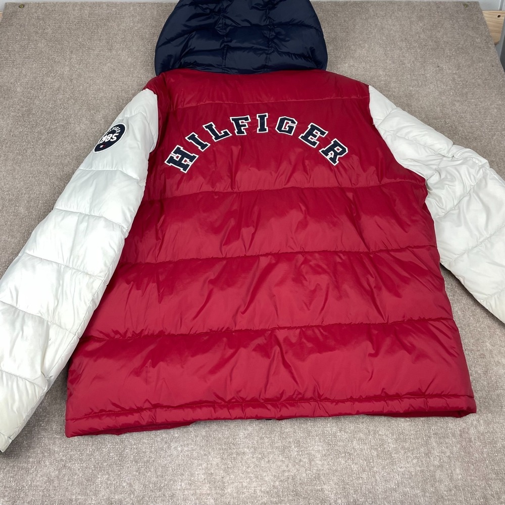 Tommy Hilfiger Puffer Jacket Mens 2XL Red White Varsity Hooded Full Zip Logo - Picture 7 of 16